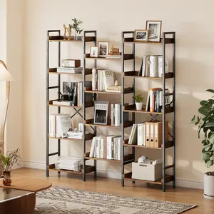 Book Shelf, 5 Tier Bookshelf, Wood Bookcase with 14 Open Display Shelves, Wide Book Shelf Book Case with Metal Frame for Living Room Bedroom Home Office