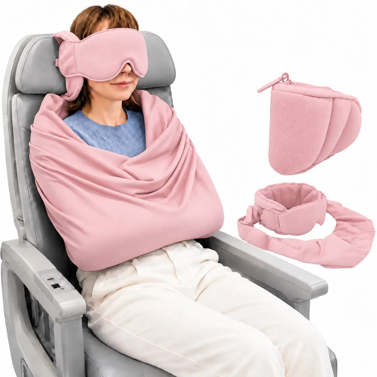 3-in-1 Airplane Sleep Support System - Carry On-Friendly Travel Bedding Accessory Set with Memory Foam Long Haul Pillows for Sleeping, Adjustable Travel Mask, Blanket-Like Body Sling, Sleep Mask