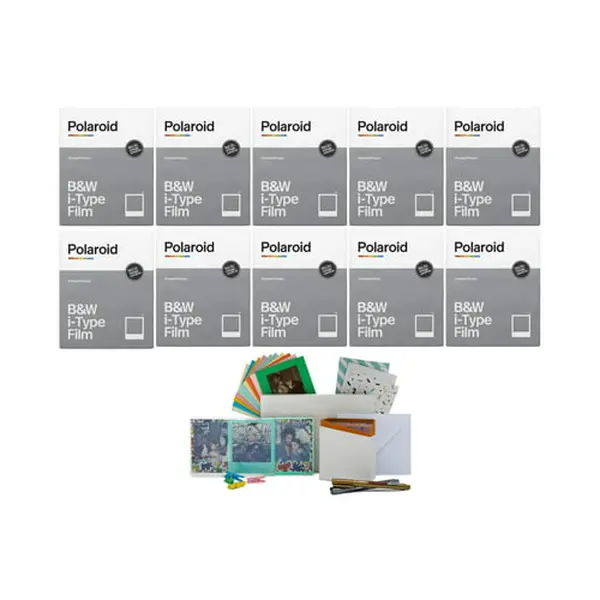 Polaroid Instant B&W Flash Film for i-Type, OneStep+ Cameras (10-Pack) Bundle with Acrylic Magnetic Photo Frame, Holographic Keepsake Camera Accessory