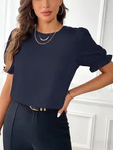 A women's solid color round neck lantern sleeve Basic blouse shirt top, suitable for summer, daily commuting, casual wear, and loungewear.