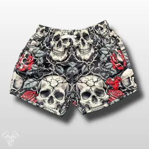 Skull and Roses Mesh Gym Shorts - 5 inch inseam shorts w Zipper Pockets