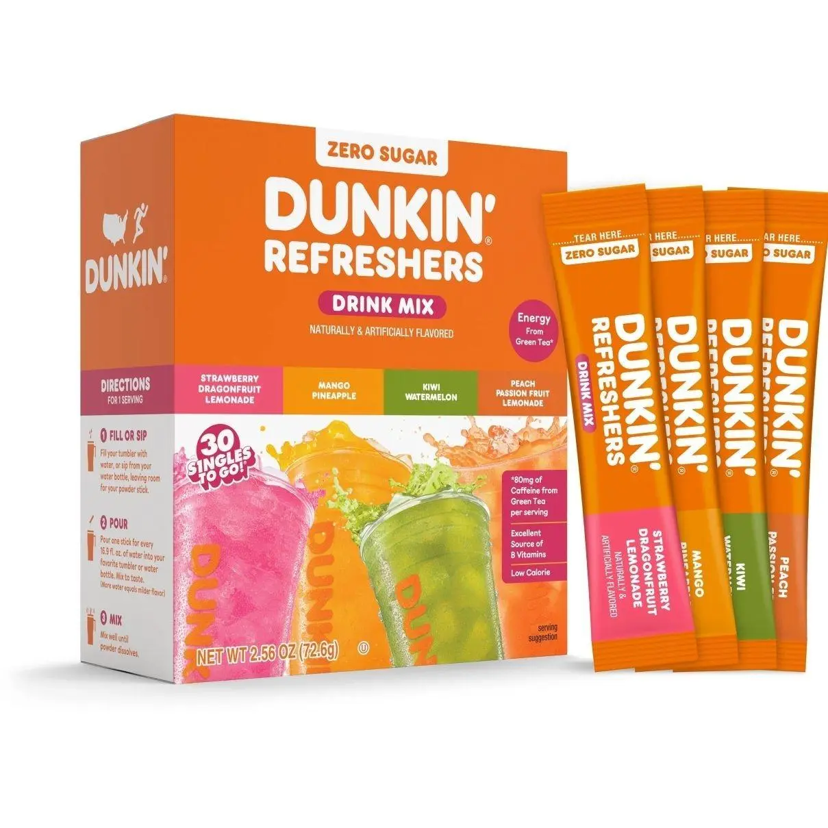 Dunkin’ Zero Sugar Refreshers Singles To Go! Powdered Drink Mix, 40 Ct Variety Pack, Energy from Green Tea, Aspartame-Free, Just Add Water