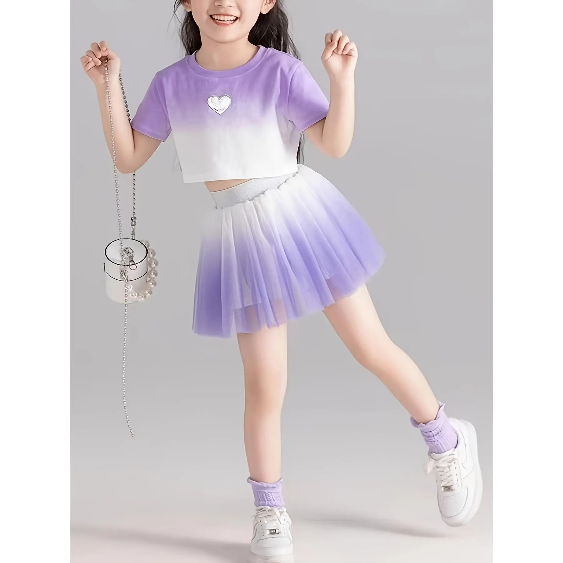 Girls' Summer 2026 New Arrival! Elegant Heart Pattern Mesh Tutu Skirt and Short Sleeve Crop Top Set, 2pcs, Purple/White, Medium Stretch, Perfect for Summer, Cute Outfits