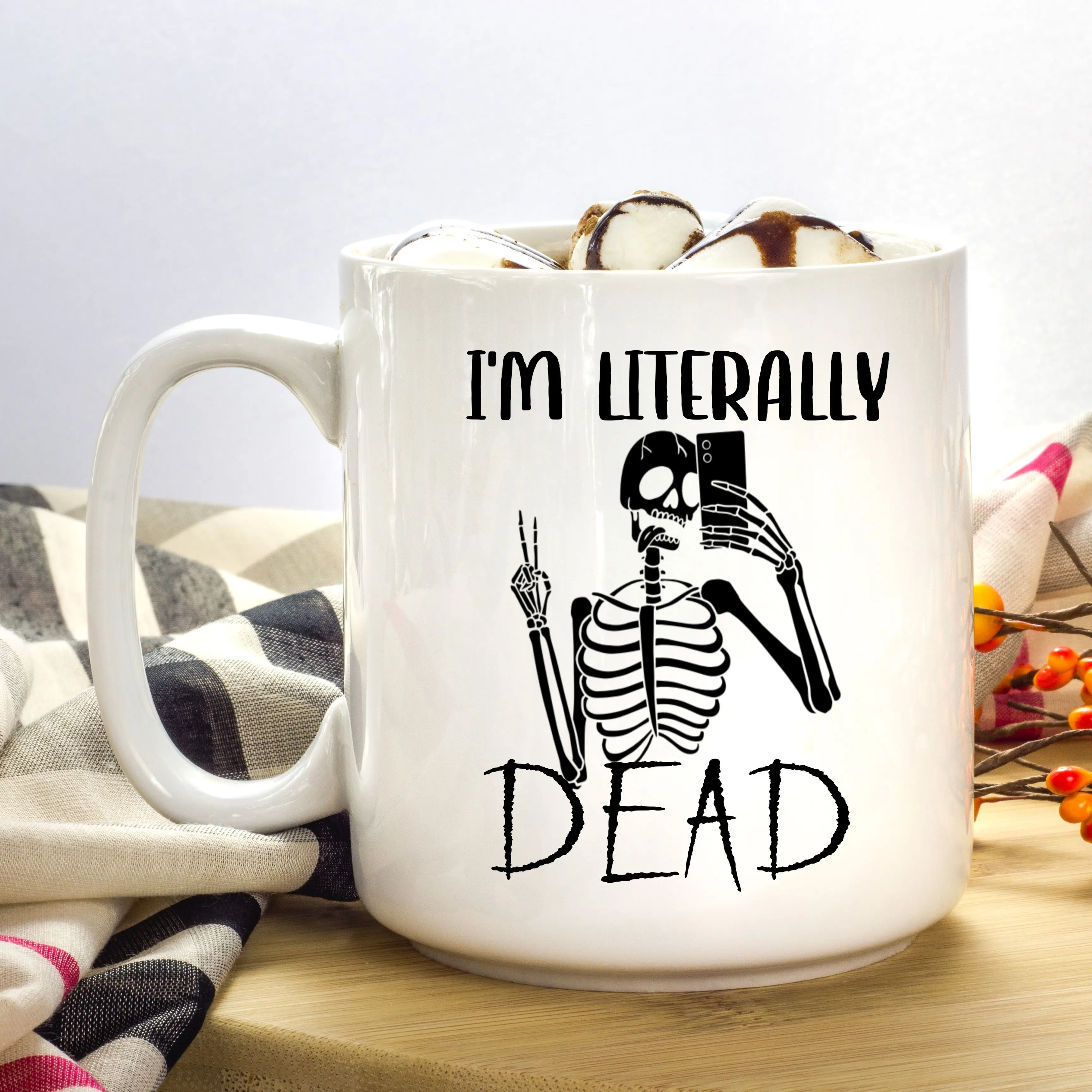 Literally Dead 15oz Ceramic Mug with Skeleton Holding Smart Phone and Doing Peace Sign