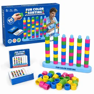 Color Stacking Challenge – Fast-Paced STEM Sorting & Stacking Puzzle Toy for Age 6+, Family Board Game for Party Night with 1 Tray + 50 Cards + 40 Rings, Brain Teaser for Kids