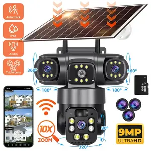 High Definition 4K/9MP | Wireless Outdoor Solar Powered Security Camera – 2.4G Hz Wiif, 360° Panoramic View PTZ Camera, 3-Lens, PIR Human Detection, Alarm Push, Color Night Vision, Two-Way Audio, Solar Panel Or USB Charging