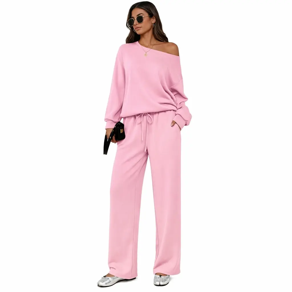 2026 Autumn Women's Leisure Solid Color Sloping Shoulder Long Sleeve Top & Wide Leg Trousers Co-ord Set & Separates, Minimalist Scoop Neck Loose Outfits, Casual Womenswear, Silky, Classy, Soft, Style, Spandex, Polyester, Loose Fit