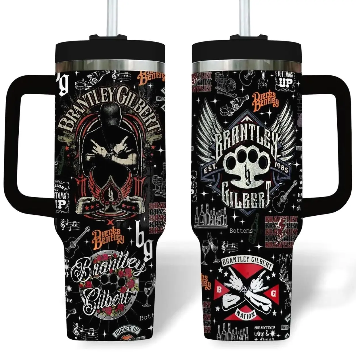 Branley Gbert 40oz Double-Wall Insulated Stainless Steel Tumbler with Handle, Full-Wrap Country Print Lid, Portable Daily Use Coffee Bottle, Gift for Country Music Fans