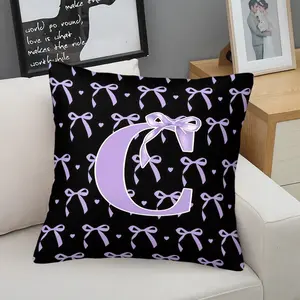 Purple Bow Monogram A-Z Letter Throw Pillow, Coquette Style Personalized Decorative Square Pillow for Kids Teens Adults Bedroom, Couch & Dorm (17.71x17.71 Inch)