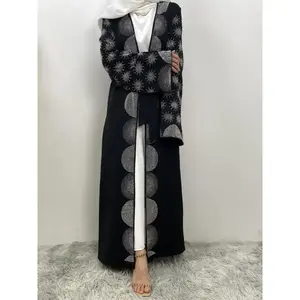 Arabic Clothing-Women's Rhinestone Decor Belted Abaya without inner Dress, Modest Open Front Long Sleeve Outerwear for Daily Wear, Women's Islamic Clothing for All Seasons