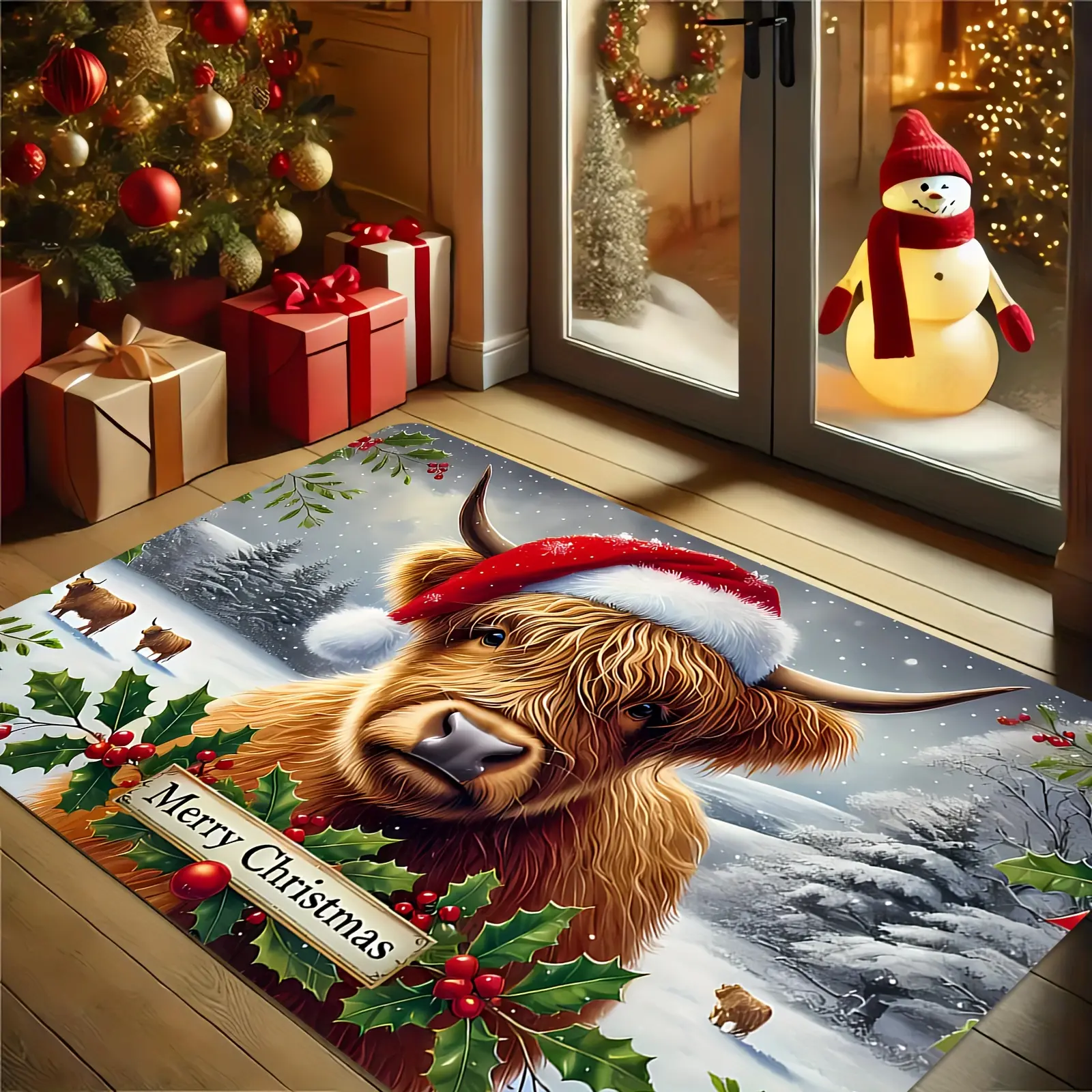 Festive Highland Cow Christmas Doormat - Large, Durable Polyester, Machine Washable, 1-Piece, Ideal for Indoor-Outdoor Entryways & Holiday Decor (Home Supplies), One Piece