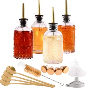 Glass Syrup Dispenser Set - 4 Pack 7oz Bottles with Metal Pour Spouts, Stoppers, Spoons for Coffee, , Vanilla, Caramel, Honey