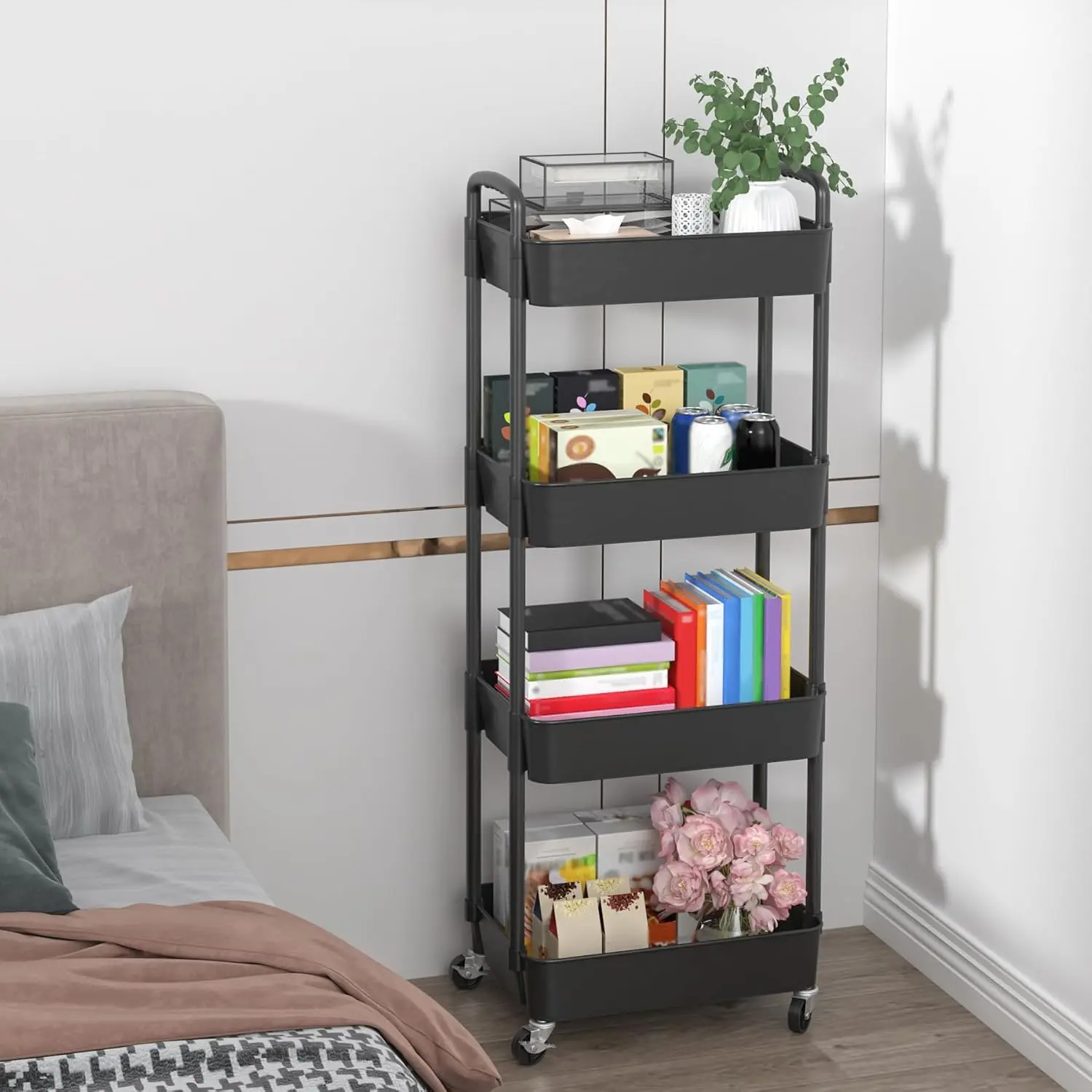 Black 4-Tier Rectangle Plastic Movable Utility Cart with Handle, Wheels - Portable Multifunctional Display Storage Rack for Room Storage, Organization, Convenient Maneuvering (Home Supplies, Home Organizers)