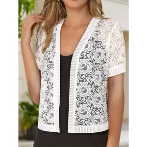 Guipure Lace Open Front Cardigan - Versatile Short Sleeve Cardigan For Spring & Summer - Women's Clothing - Lightweight & Breathable - Perfect for Casual & Semi-Formal Occasions - Ideal Gift for Women Knitwear Womenswear