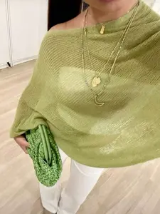 Women's Asymmetric Draped Sheer Knit Top | Loose Batwing Sleeve Poncho Style Casual Elegant Top For Daily Vacation Wear