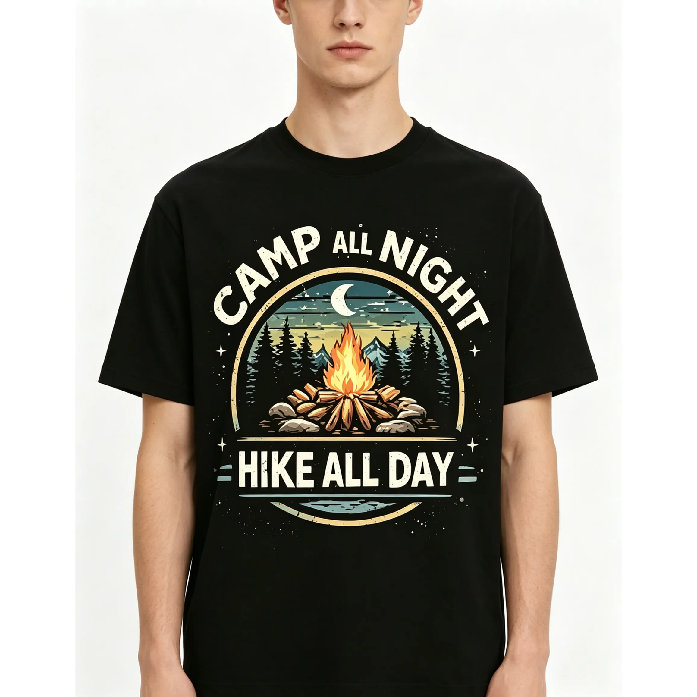 Men's Casual Oversize Graphic T-shirt in Soft Cotton, Streetwear Style with Heat Transfer Camping Print, Breathable Short Sleeve Crew Neck Menswear