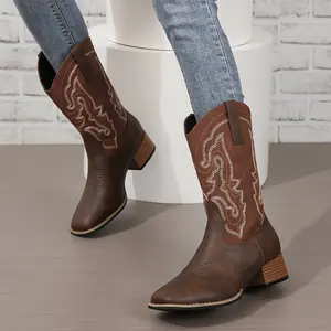 [Retro Cowboy Boots] Retro Chunky Heel Cowboy Boots - Comfortable Women's Western Square Toe Slip On Boots