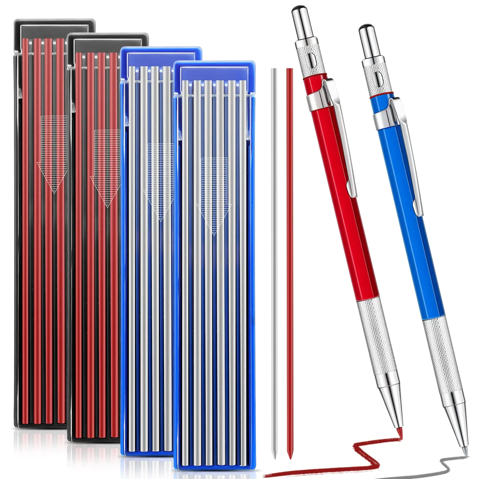 2 Pcs Welders Pencils with 48 Refills. (Red, Silver)