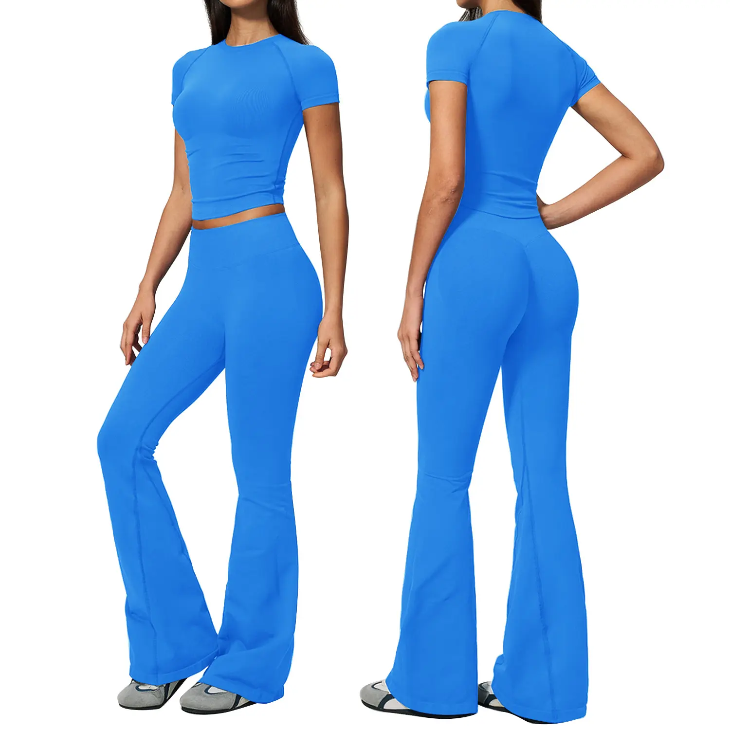 Jetjoy Women's 2-Piece Leggings Sport Set - Short Sleeve Cropped Top + 29in Mini Flare Leggings, Seamless Yoga Wear with Tummy Control, Glute Scrunch, Butt Lifting, Soft Stretch, Performance Activewear for Gym, Loungewear, Matching Workout Clothes, Soft S