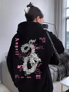 Women's Casual Loose-Fit Hoodie with Drawstring Pocket Dragon Print Design, Comfortable Fall & Winter Wear, Perfect Addition to Your Wardrobe Essentials