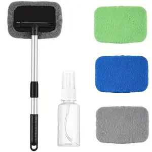 Car Windshield Cleaning Tool Set, Retractable Handle Car Window Cleaning Tool with 4 Counts Reusable Washable Microfiber Pad, Car Cleaning Tool