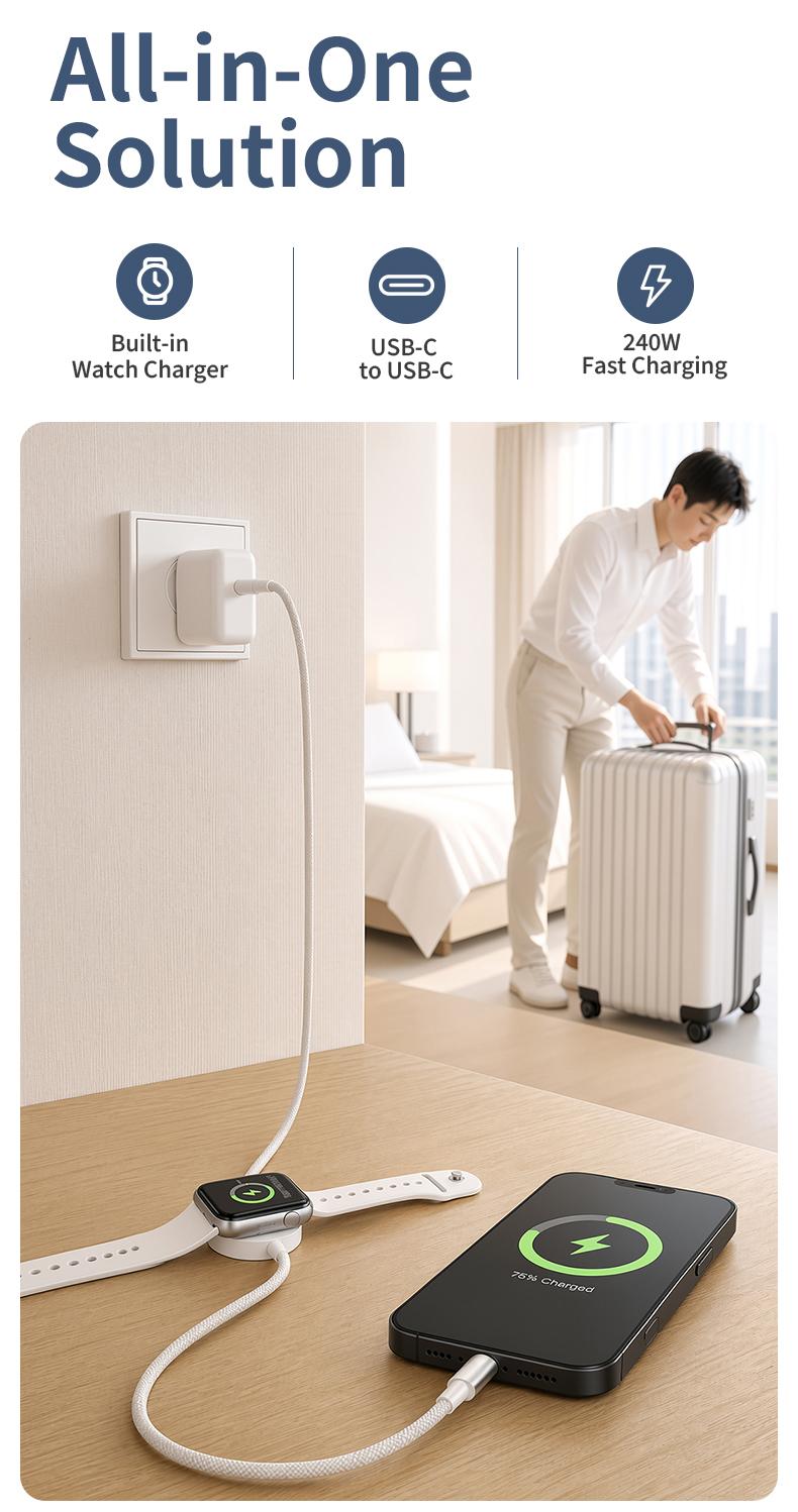 3-in-1 240W Travel Charger with Built-In Magnetic Watch Charger USB-C to USB-C Cable, 5FT Braided Cord, Compatible with Apple Watch Series/SE/Ultra, AirPods 3rd/4th Gen, Pro/Pro 2, iPhone, iPad, MacBook and Samsung 3-in-1 240W Travel Charger with Built-In Magnetic Watch Charger USB-C to USB-C Cable, 5FT Braided Cord, Compatible with Apple Watch Series/SE/Ultra, AirPods 3rd/4th Gen, Pro/Pro 2, iPhone, iPad, MacBook and Samsung