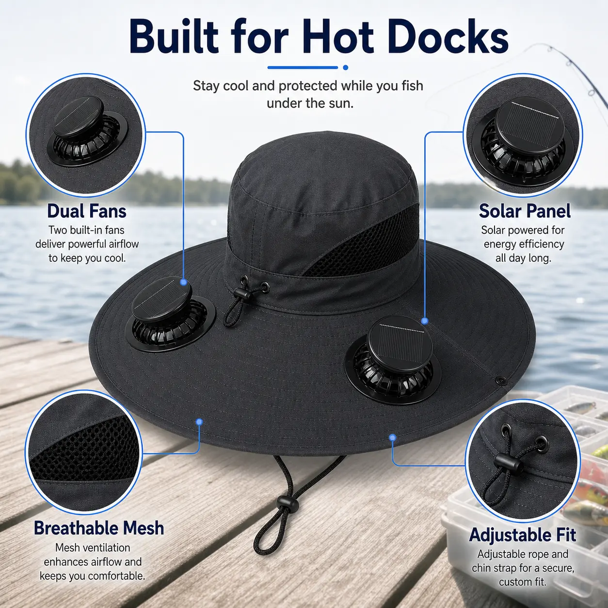 Playhot Solar Fan Hat - Lightweight Wide Brim Cooling Hat for Outdoor Workers, 3 Speeds, Dual Fans, USB Charging, Adjustable Fit for Summer Household & Outdoor Use fan portable ventilador recargable
