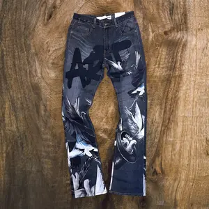 RM204SK - Digital Graphic Print Stretchable Stacked Flared Light Weight Denim