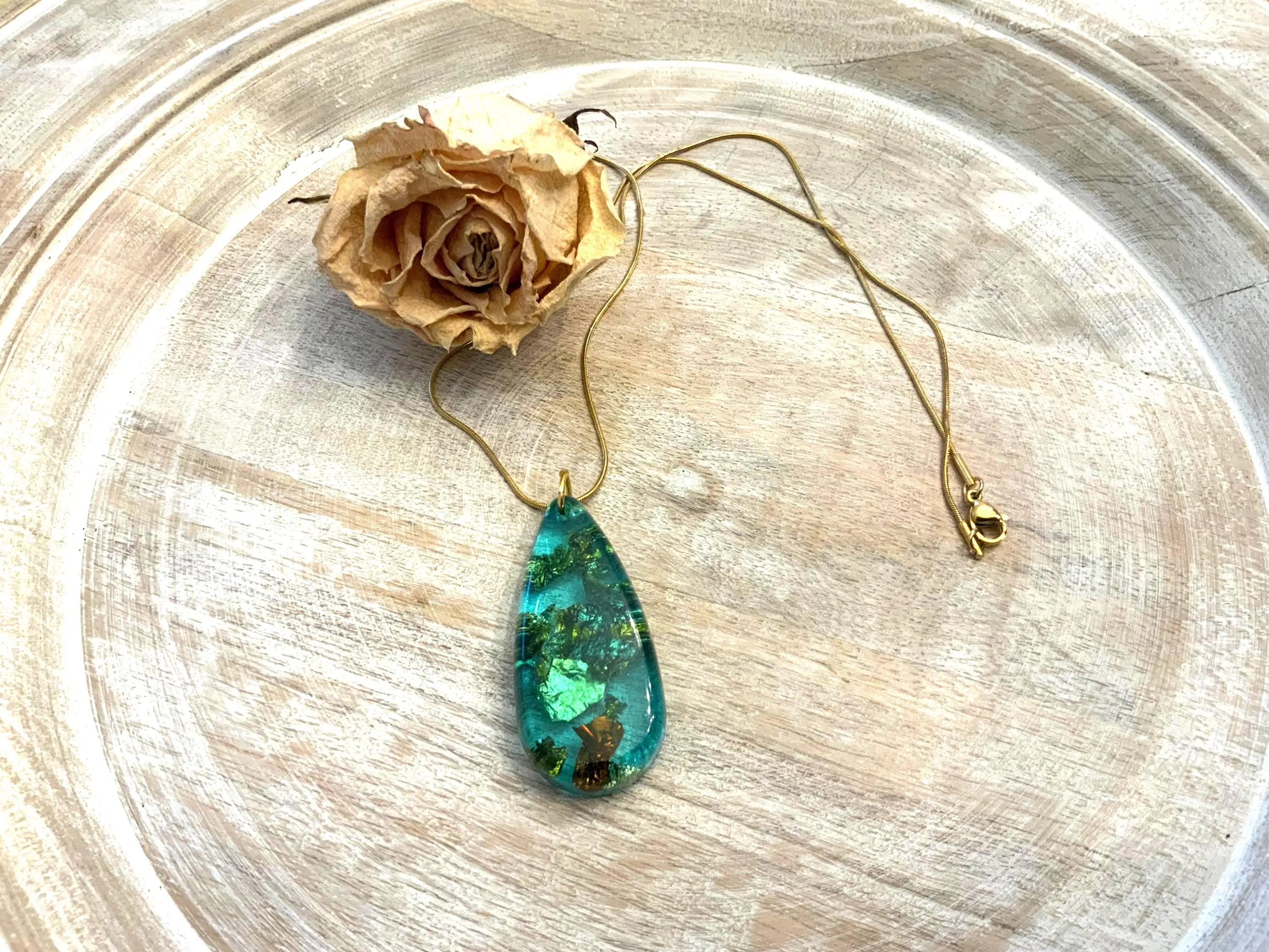 Gold Leaf Epoxy Resin Aqua Teardrop Pendant Necklace, Ocean-Inspired Costume Fashion Accessory, Epoxy Resin Necklaces, Ocean-Inspired Necklaces