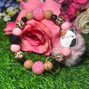 Cat mom vibes wristlet keychain color scheme light pink, peanut butter, leopard print and bling beads handmade with wire