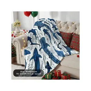 1pc Whale & Shark Print Flannel Blanket - Blue Whale & Manta Ray Shark Ocean Theme Bedspread, Soft All-Season /S Bedding, Marine Life &, Shark Lovers (/White/Navy)