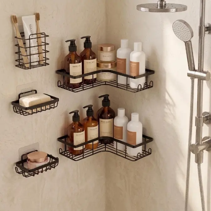 5 PCS Corner Shower Caddy,No Drilling Shower Storage Rack with Hooks&soap holder&toothbrush holder for Bathroom,Quick Assembly, Black Rack