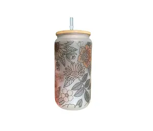 Floral 16oz Frosted Glass Can Sublimation Bamboo Bottle with Lid & Straw Reusable Portable Washable Drinkware