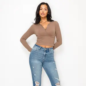 FREE JUNNS (021) | Ribbed Creamy Choco Long-Sleeve Henley Button-Down Cropped Top