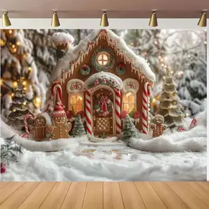 1pc 2D Flat Winter Wonderland Christmas Backdrop, Ft/ft Polyester Gingerbread Candy Cabin Scene Snowy Trees Festive Decorations, No Electricity Needed, Featherless