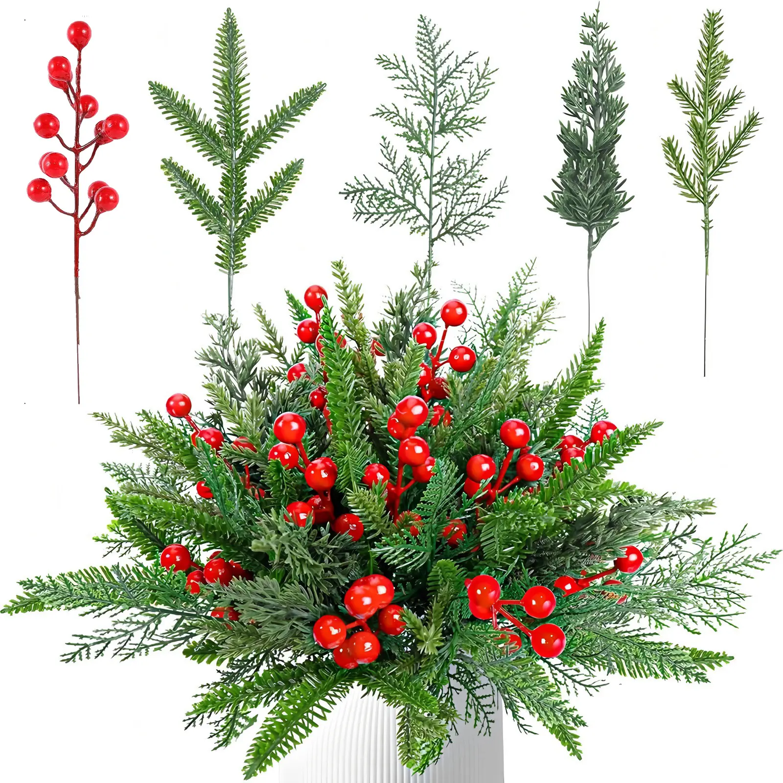 30/60 Pcs Artificial Pine Branches Fake Greenery Pine Picks Artificial Red Berry Stems Christmas Pine Needles for DIY Christmas Garland Wreath Xmas Embellishing Flower Arrangements Decoration Home Decor Ornament