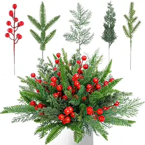 30/60 Pcs Artificial Pine Branches Fake Greenery Pine Picks Artificial Red Berry Stems Christmas Pine Needles for DIY Christmas Garland Wreath Xmas Embellishing Flower Arrangements Decoration Home Decor Ornament
