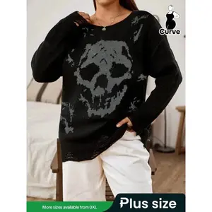 Plus Size Skull Print Ripped Sweater, Casual Drop Shoulder Long Sleeve Halloween? Fall and winter jumper, women’s plus-size clothing for everyday wear, vintage football sweatshirts