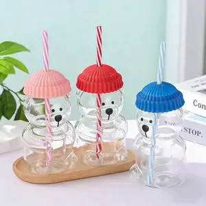 Cute Bear Glass Straw Cup, Aesthetic Large Capacity Handheld Straw Cup, Adorable Bear Design, Perfect for Kids and Adults, Ideal for Parties and Daily Use, Drinkware