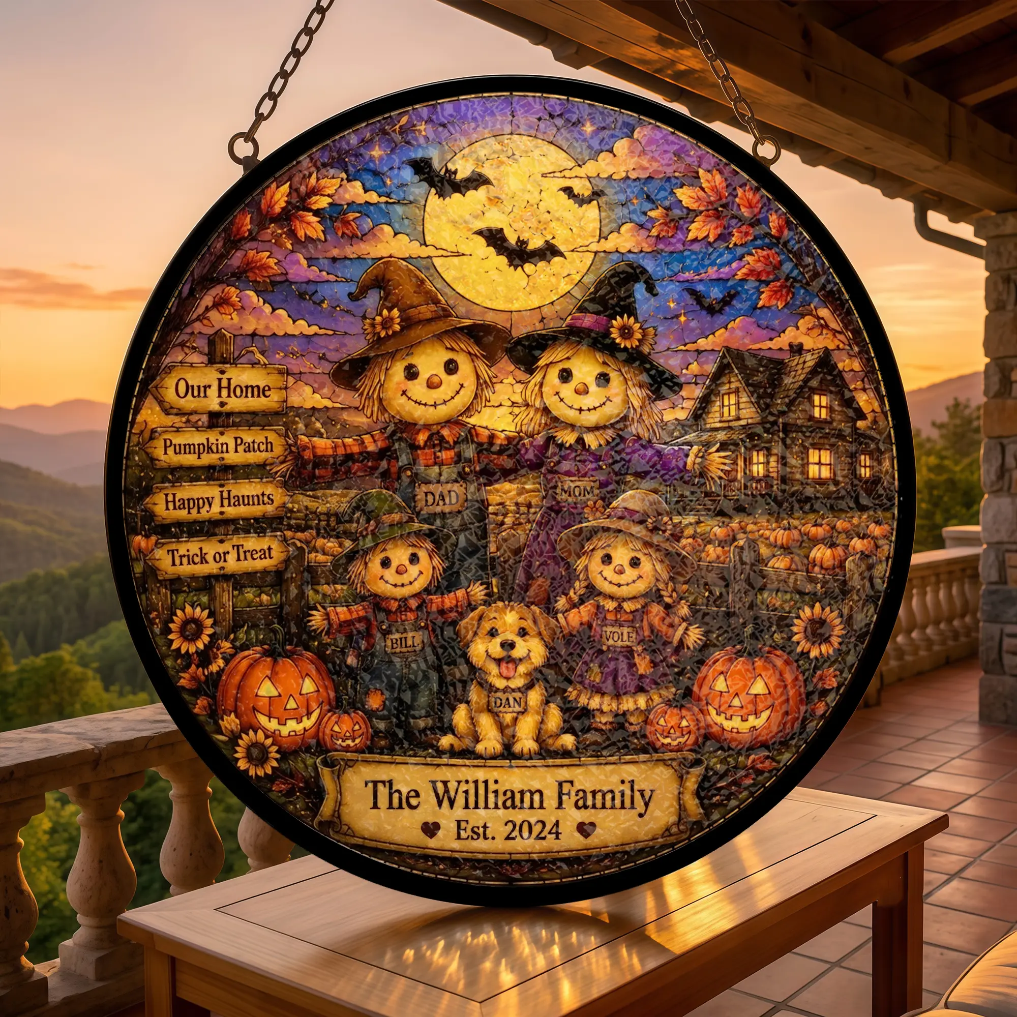 [Made to Order]  Personalized Scarecrow Family Halloween Suncatcher Acrylic Stained Glass Window Hanging Decor for Home Custom Name Fall Autumn Pumpkin Patch Outdoor Garden Sign Festive Front Porch Halloween Gifts Spooky Cute Family Decor  AST-9778-6412
