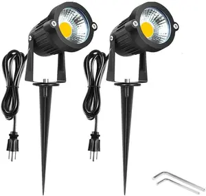 Bright Outdoor LED Landscape Lighting 5W COB Garden Wall Yard Path Lawn Light Lamp with Spiked Stand and Power Plug, Pack of 2 (Warm White)