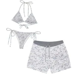 Gray Camo Matching Couple Swimsuits Set, BF and GF Matching Swimsuits, Camo Bikini Set for Women, Matching Duck Camo Swimwear Set for Couples, Couple Trendy Camo Bikini And Short, Summer Beach Vacation Outfit