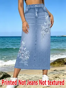 Women's Denim Print Long Skirt, High-Waisted Loose-Fit Casual Skirt, All-Over Print, Natural Waist, Spring & Summer Fashion, Womenswear