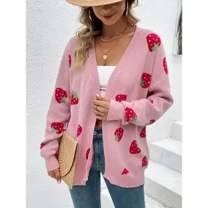 Women's Strawberry Print Drop Shoulder Cardigan, Casual Cute Long Sleeve Knitwear for Daily Outdoor Wear, Women's Knitwear for Fall & Winter