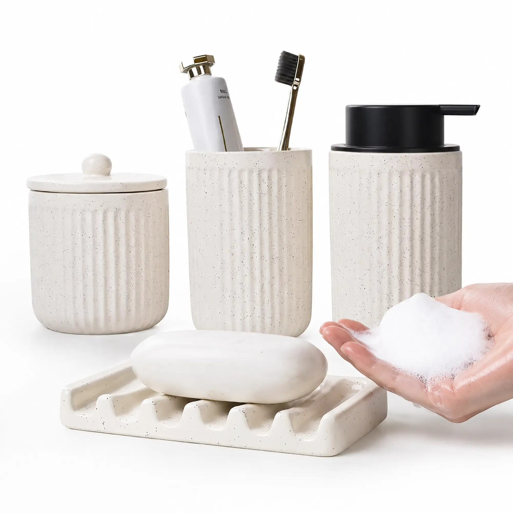 BosilunLife Ceramic Foaming Bathroom Accessory Set, 12oz 4-Piece Pockmark Sustainable Bathroom Set with Lotion Soap Dispenser and Toothbrush Holder Set, Soap Dish, Apothecary Jars campingessentials