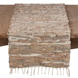 212 MAIN Cotton-Leather Blend Table Runner, Unique Rectangular Shape, 16x72 in., Chindi Design, Natural Look - SARO 4875.N1672B