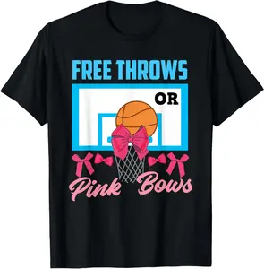 100% Cotton Gender Reveal Free Throws or Pink Bows Basketball T-Shirt