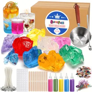 BlingFun 2LB Gel Wax Candle Making Set, Includes Soft Jelly Wax 2Lb(900g), Wax Wicks, Wick Stickers, Wooden Wick Holders, 3 Bottles Of Colorful Sand/2 Bottles Of Glitter, Decorative Ore, Dried Flowers, Wax Melting Pot, Stirring Spoons
