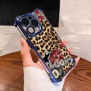 Lucky Leopard Print Pattern Phone Case for iPhone 17 16 Pro Max 15 14 13 12 11, Luxury Aesthetic Electroplated TPU Four Corners Anti-Drop Transparent Casual Soft Silicone Phone Cases