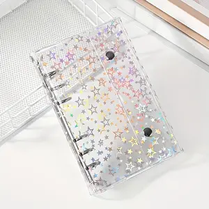 1pc Laser Star Transparent PVC Cover with 6-Ring Binder A6 Notebook, Multifunctional Color Binder for School Office, Photo Storage Bag